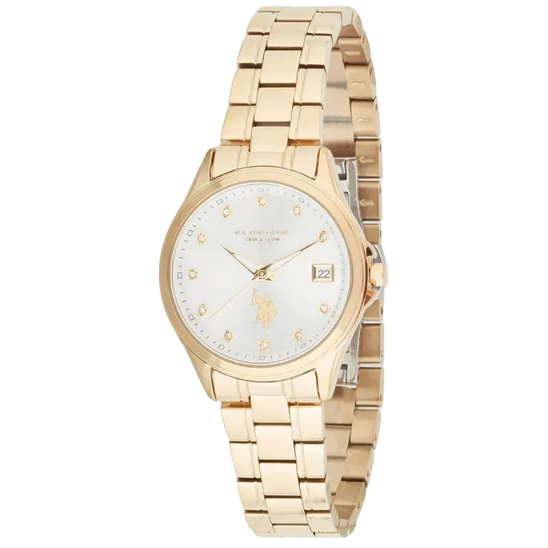 Γυναικείο ρολόι U. S. Polo Luise Crystals με λευκό καντράν και  χρυσό μπρασελέ USP8341YG