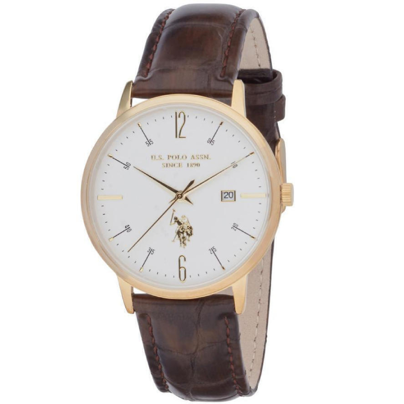 Ανδρικό ρολόι U.S. Polo Assn. με δερμάτινο καφέ λουράκι USP7279YG